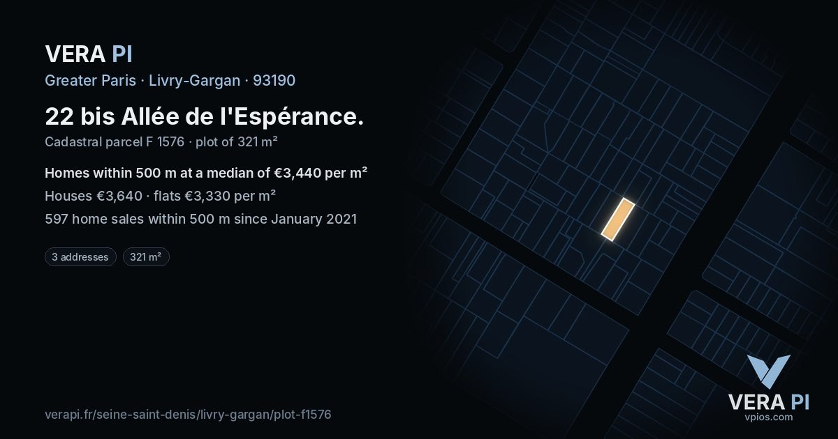 22 bis Allée de l'Espérance, Livry-Gargan at night – the plot lit, the parcels around coloured by the prices near them