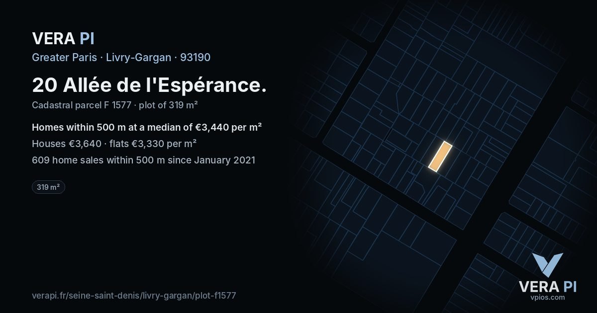 20 Allée de l'Espérance, Livry-Gargan at night – the plot lit, the parcels around coloured by the prices near them