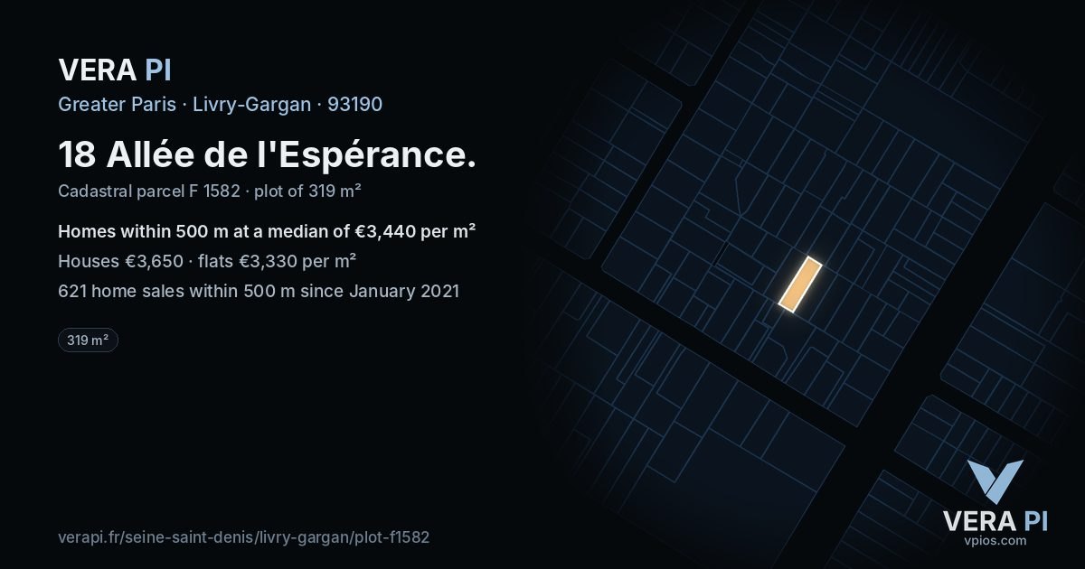 18 Allée de l'Espérance, Livry-Gargan at night – the plot lit, the parcels around coloured by the prices near them