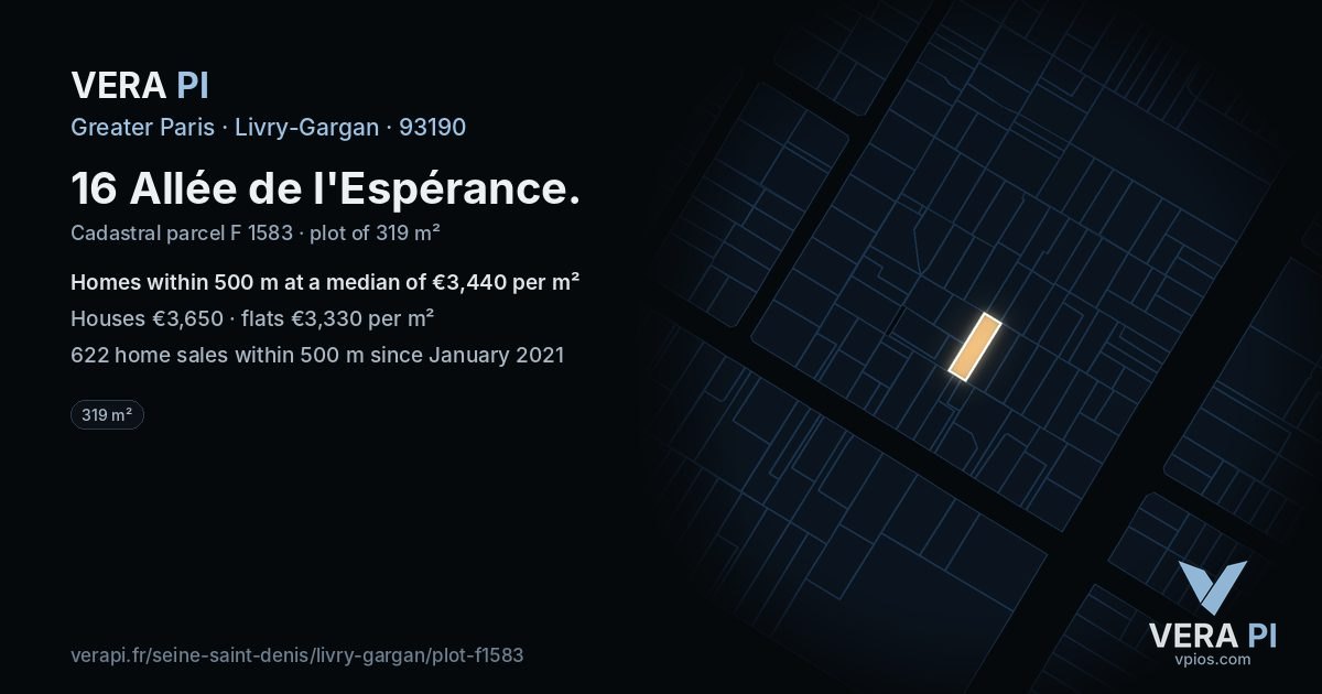 16 Allée de l'Espérance, Livry-Gargan at night – the plot lit, the parcels around coloured by the prices near them