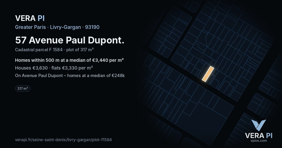 57 Avenue Paul Dupont, Livry-Gargan at night – the plot lit, the parcels around coloured by the prices near them