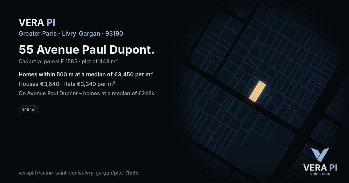55 Avenue Paul Dupont, Livry-Gargan at night – the plot lit, the parcels around coloured by the prices near them