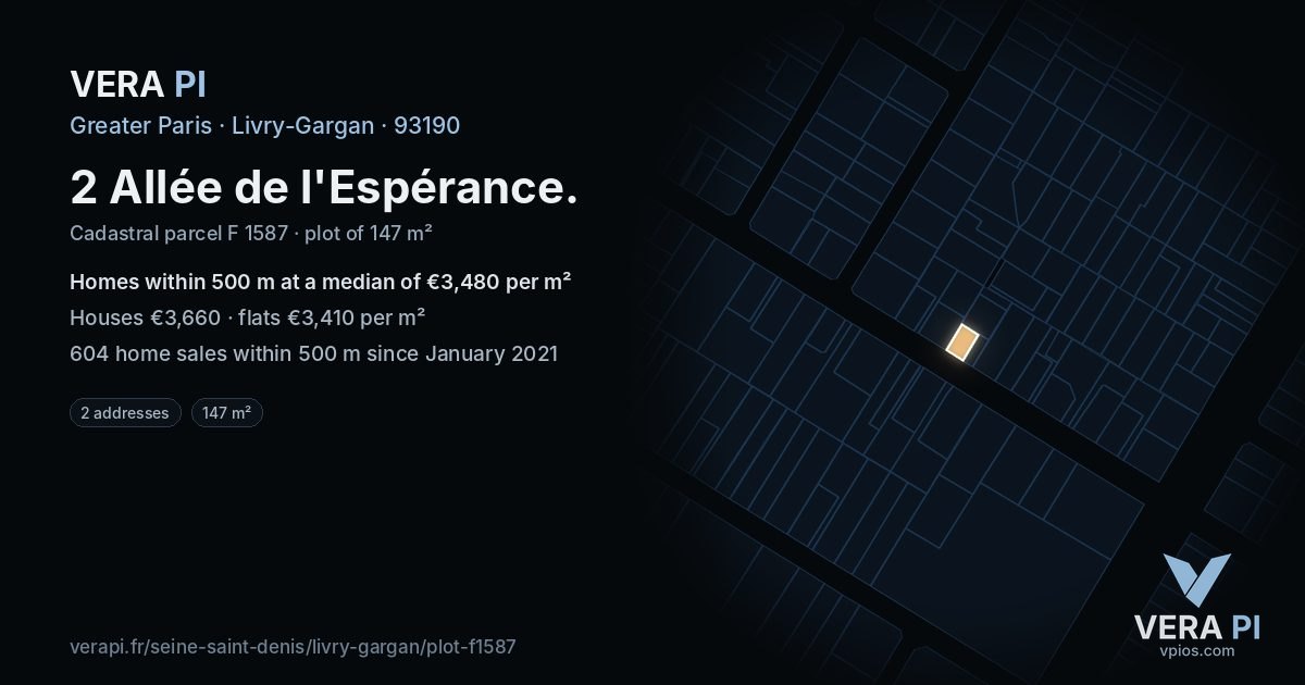 2 Allée de l'Espérance, Livry-Gargan at night – the plot lit, the parcels around coloured by the prices near them