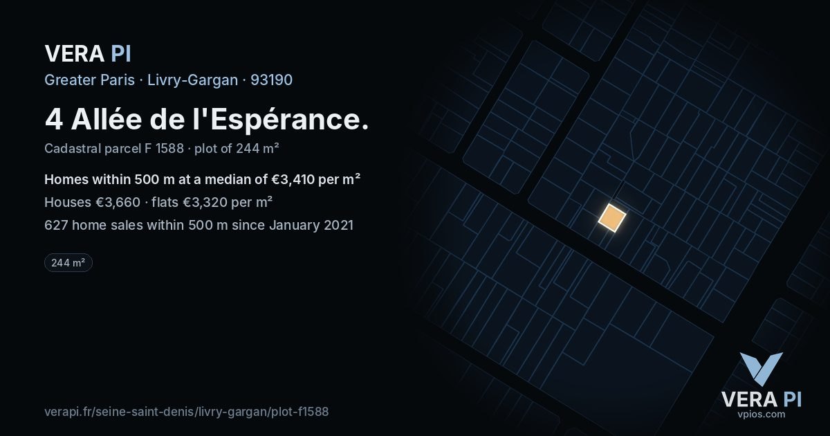 4 Allée de l'Espérance, Livry-Gargan at night – the plot lit, the parcels around coloured by the prices near them