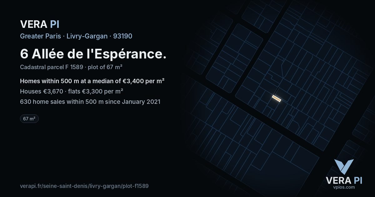6 Allée de l'Espérance, Livry-Gargan at night – the plot lit, the parcels around coloured by the prices near them