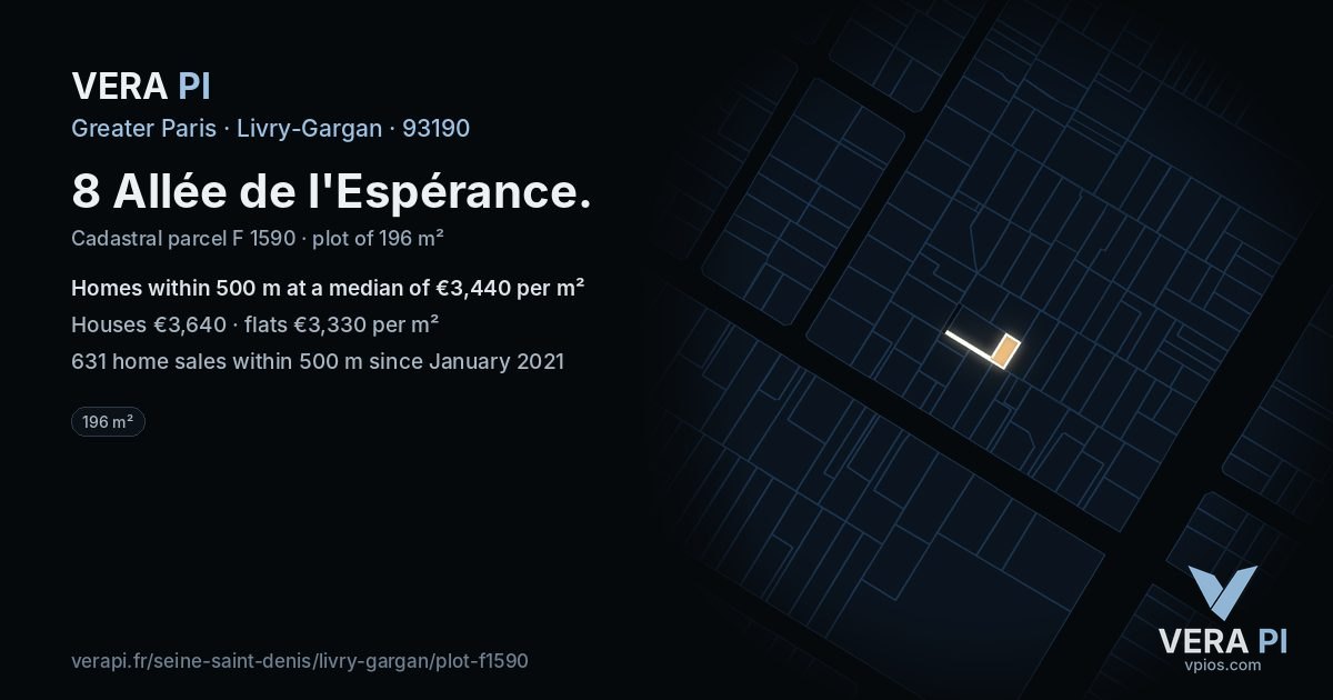 8 Allée de l'Espérance, Livry-Gargan at night – the plot lit, the parcels around coloured by the prices near them