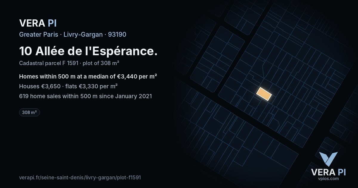 10 Allée de l'Espérance, Livry-Gargan at night – the plot lit, the parcels around coloured by the prices near them