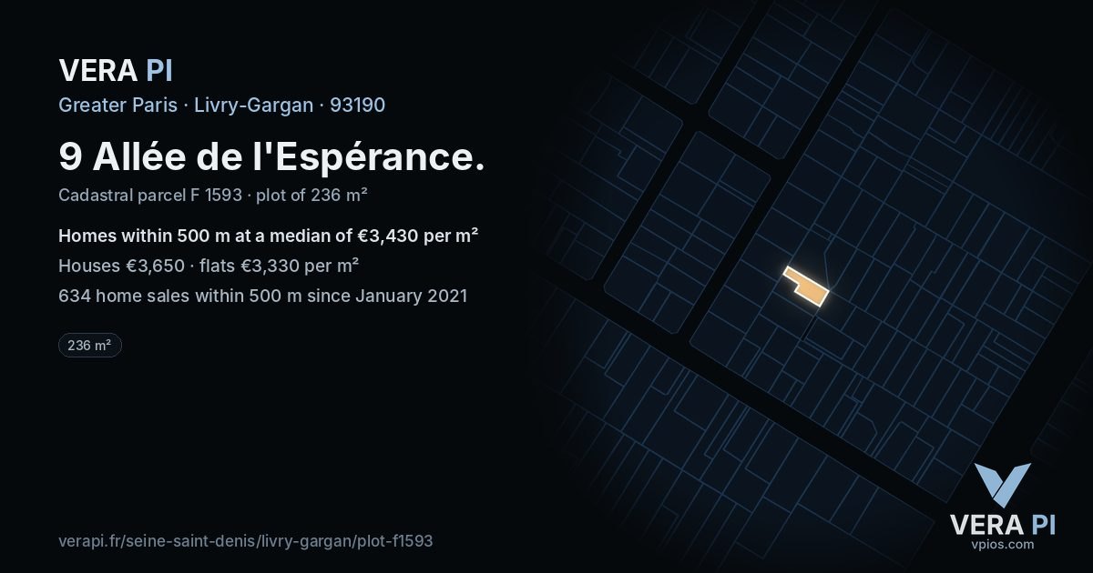 9 Allée de l'Espérance, Livry-Gargan at night – the plot lit, the parcels around coloured by the prices near them