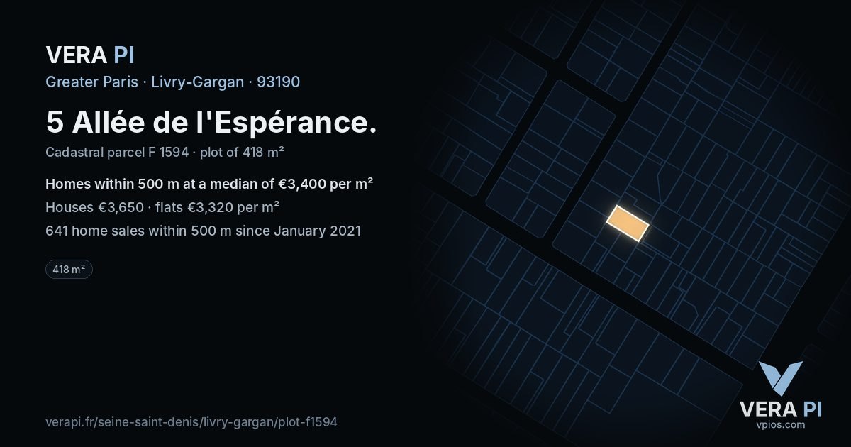 5 Allée de l'Espérance, Livry-Gargan at night – the plot lit, the parcels around coloured by the prices near them