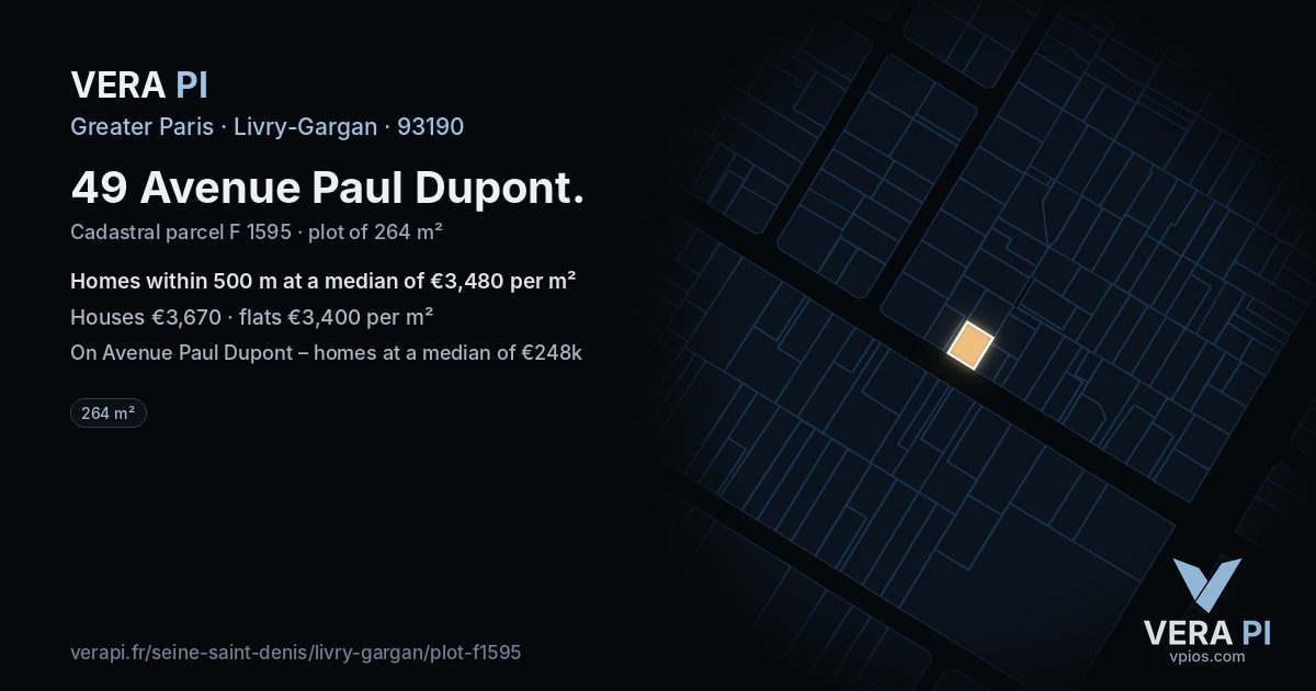 49 Avenue Paul Dupont, Livry-Gargan at night – the plot lit, the parcels around coloured by the prices near them