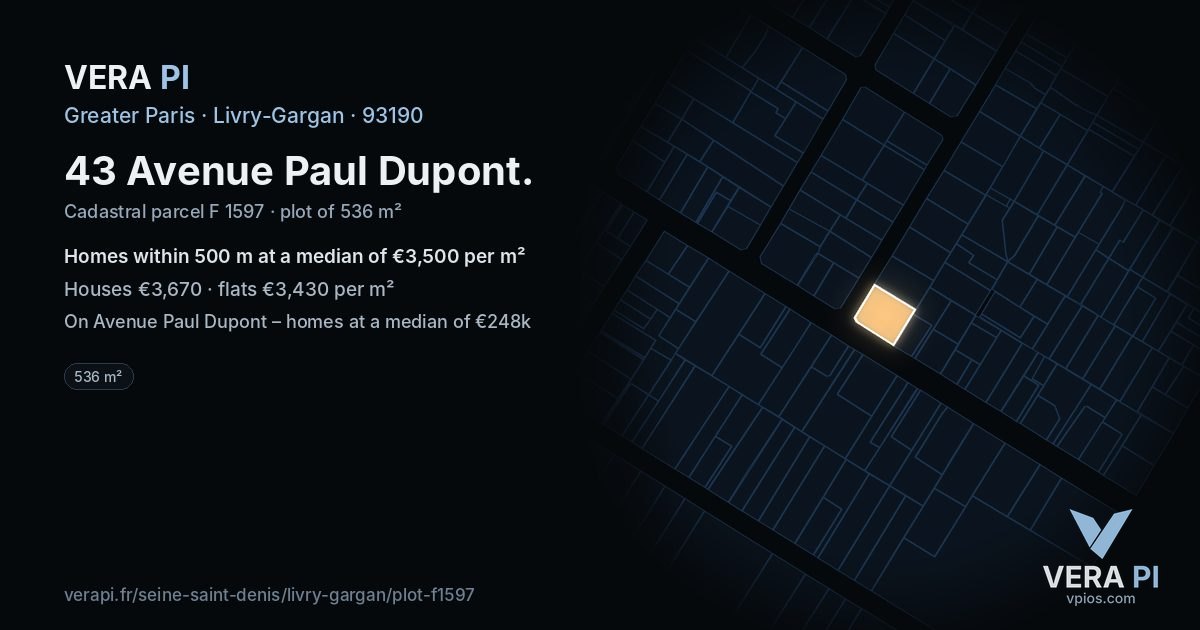 43 Avenue Paul Dupont, Livry-Gargan at night – the plot lit, the parcels around coloured by the prices near them