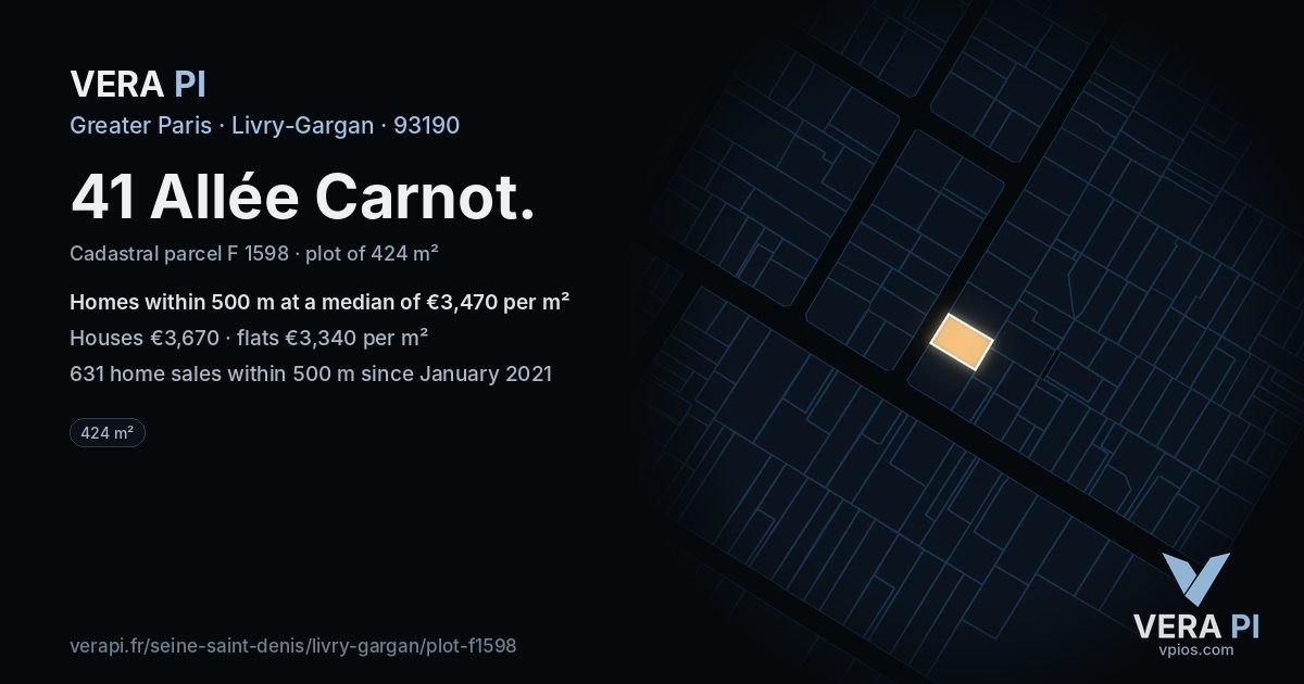 41 Allée Carnot, Livry-Gargan at night – the plot lit, the parcels around coloured by the prices near them