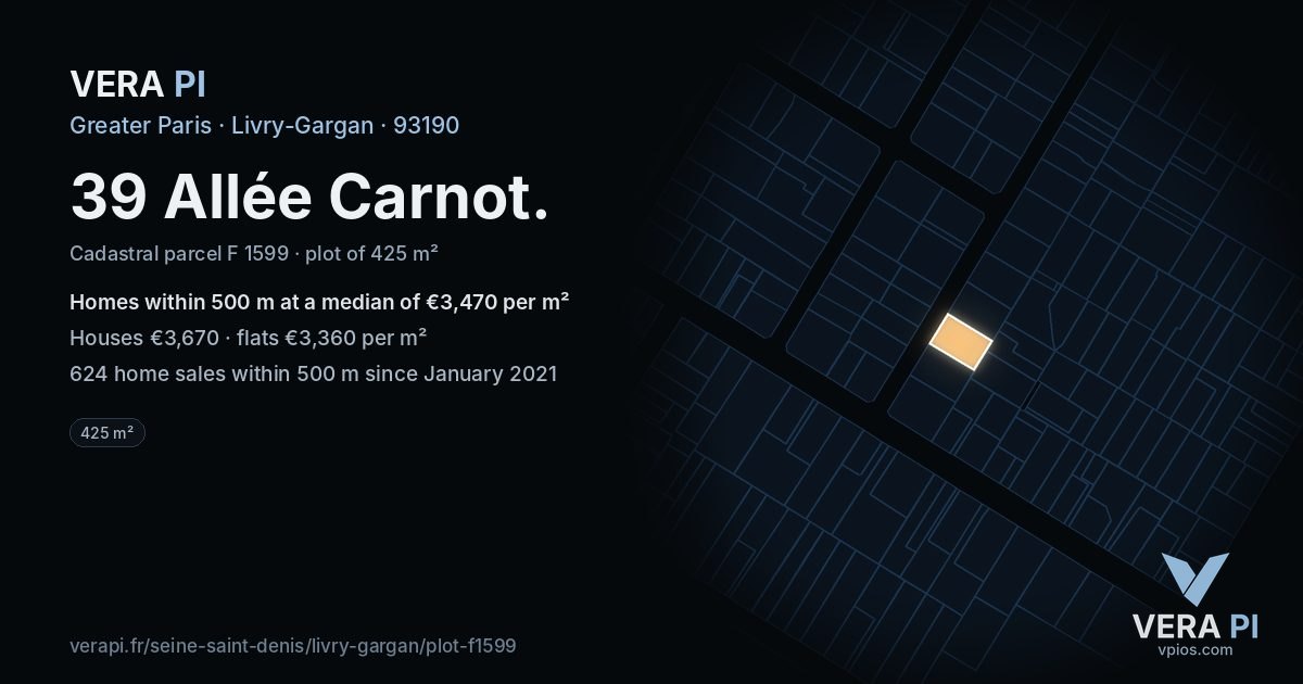 39 Allée Carnot, Livry-Gargan at night – the plot lit, the parcels around coloured by the prices near them