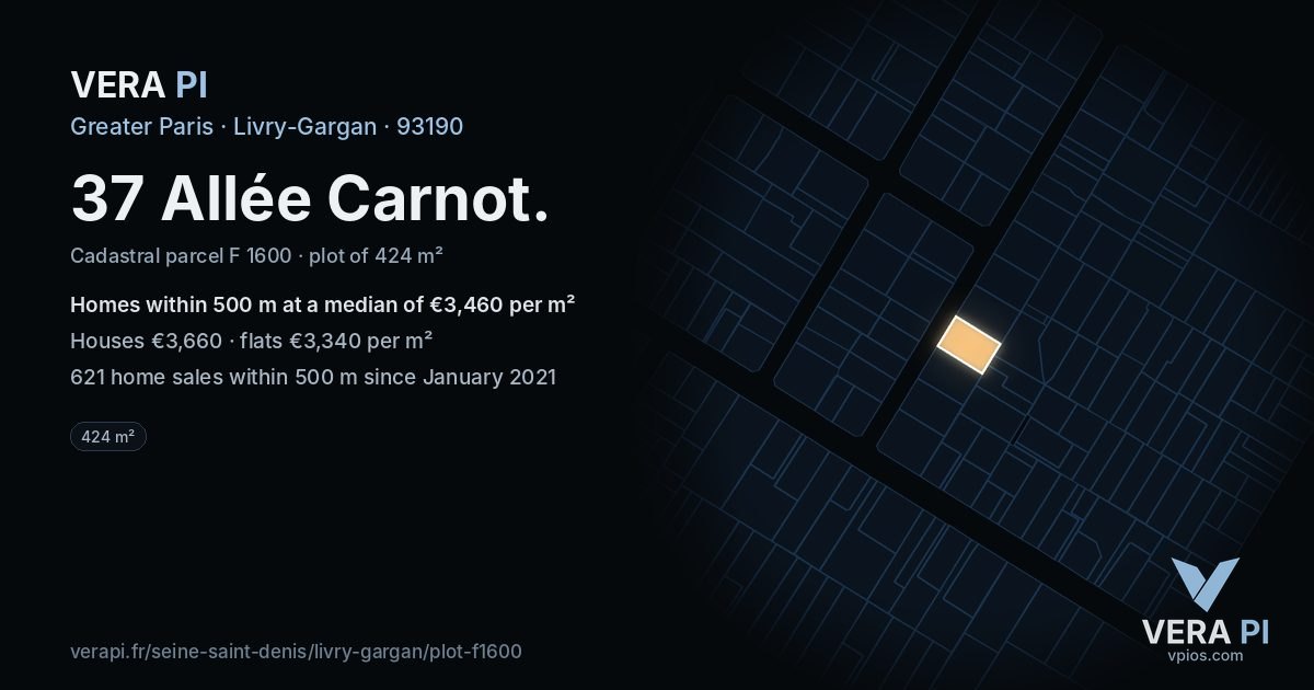 37 Allée Carnot, Livry-Gargan at night – the plot lit, the parcels around coloured by the prices near them