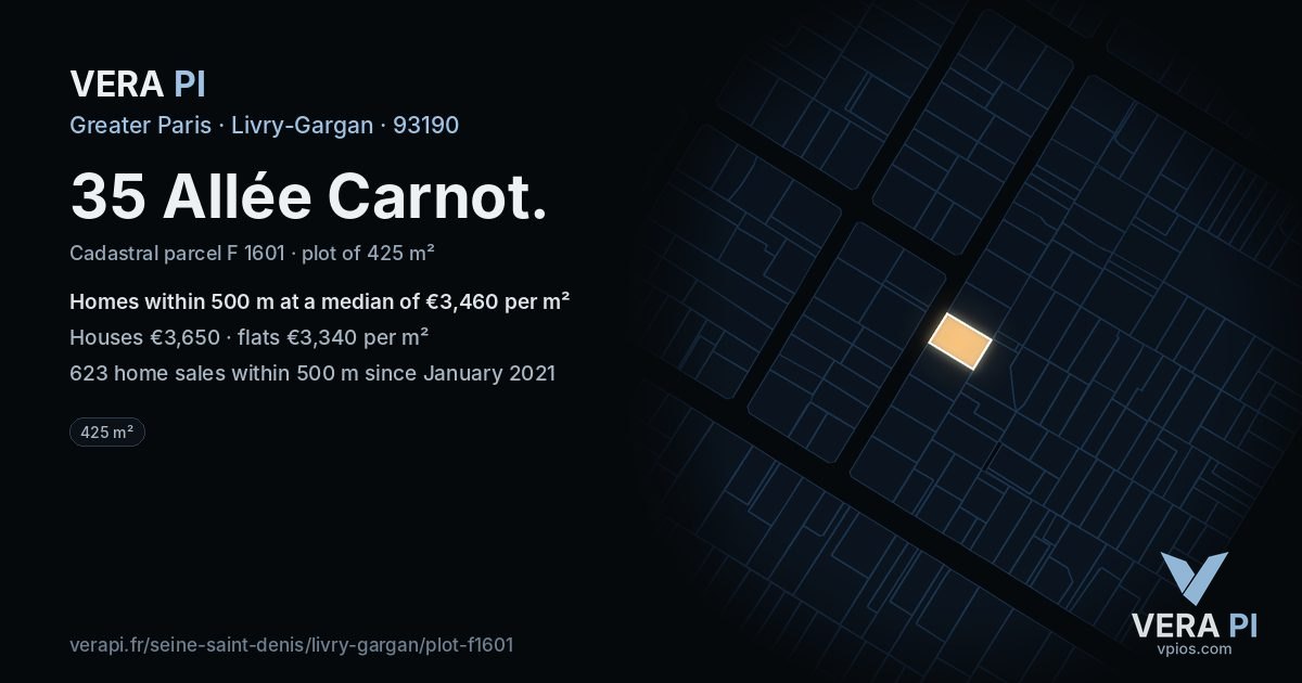 35 Allée Carnot, Livry-Gargan at night – the plot lit, the parcels around coloured by the prices near them