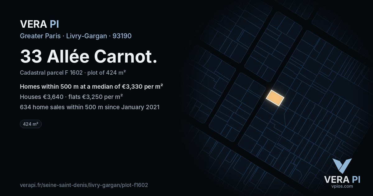 33 Allée Carnot, Livry-Gargan at night – the plot lit, the parcels around coloured by the prices near them