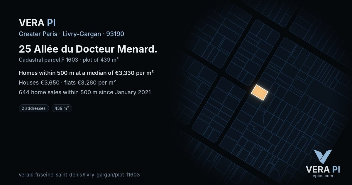 25 Allée du Docteur Menard, Livry-Gargan at night – the plot lit, the parcels around coloured by the prices near them