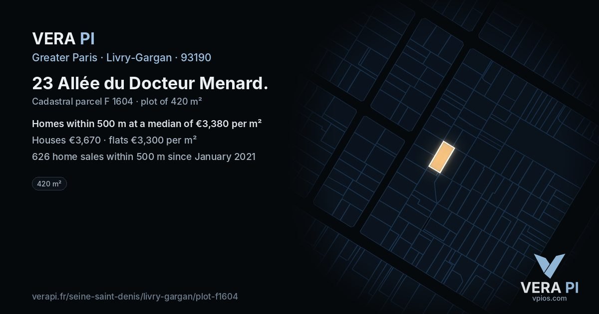 23 Allée du Docteur Menard, Livry-Gargan at night – the plot lit, the parcels around coloured by the prices near them