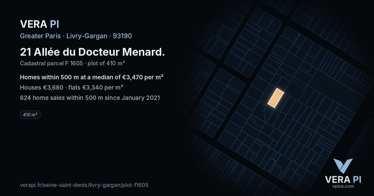 21 Allée du Docteur Menard, Livry-Gargan at night – the plot lit, the parcels around coloured by the prices near them