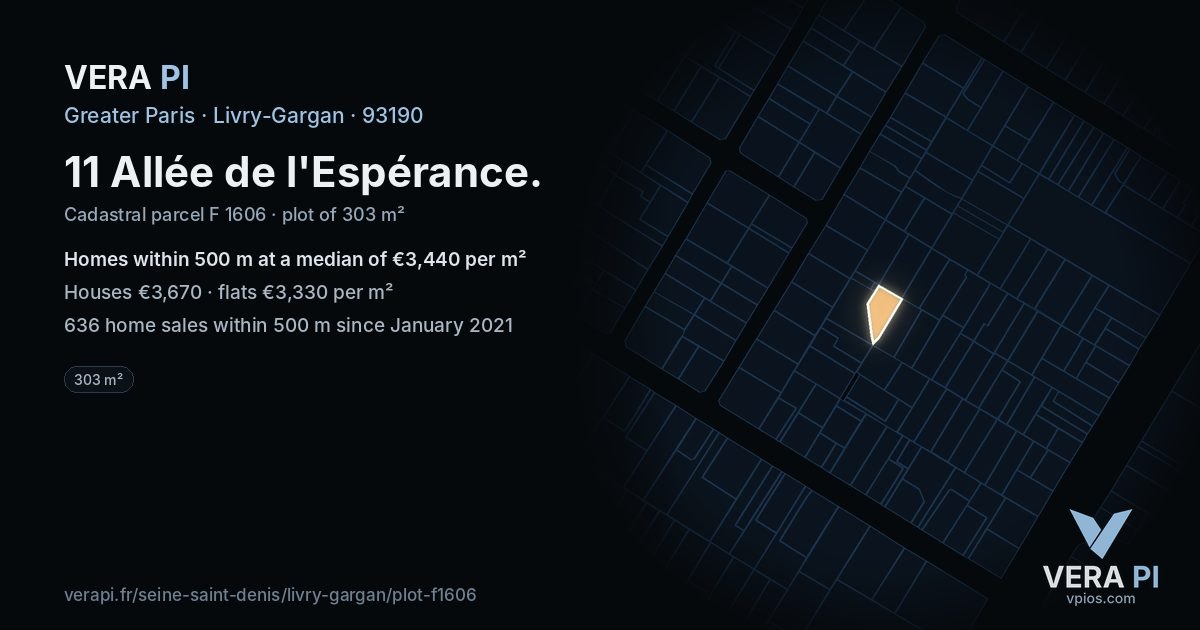 11 Allée de l'Espérance, Livry-Gargan at night – the plot lit, the parcels around coloured by the prices near them