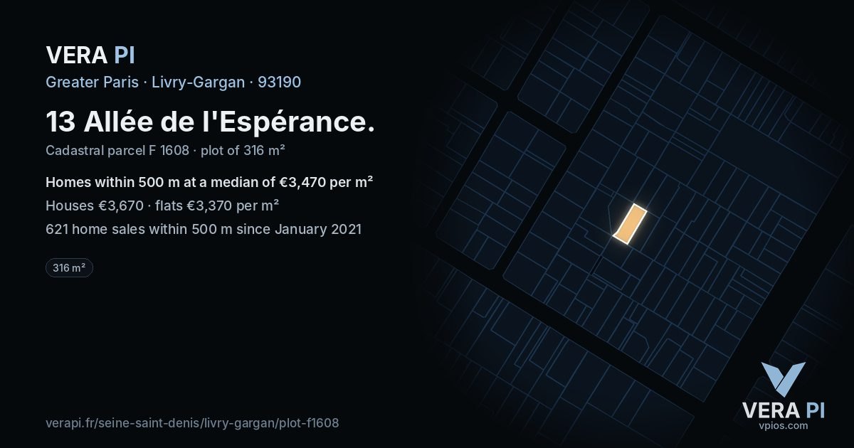 13 Allée de l'Espérance, Livry-Gargan at night – the plot lit, the parcels around coloured by the prices near them