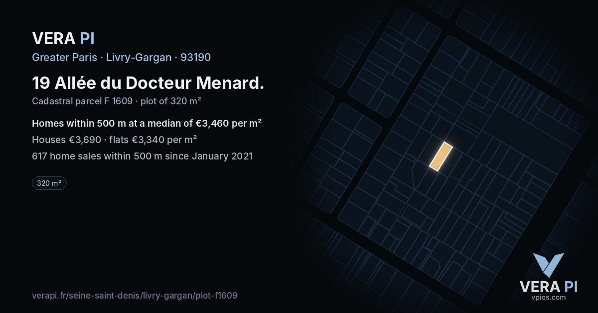 19 Allée du Docteur Menard, Livry-Gargan at night – the plot lit, the parcels around coloured by the prices near them
