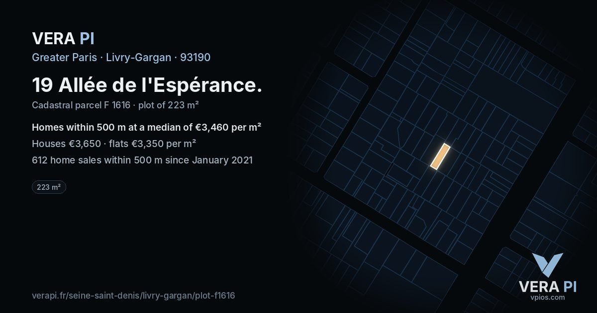 19 Allée de l'Espérance, Livry-Gargan at night – the plot lit, the parcels around coloured by the prices near them
