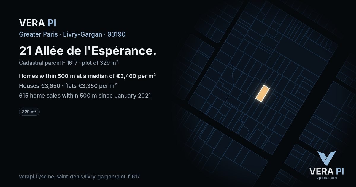 21 Allée de l'Espérance, Livry-Gargan at night – the plot lit, the parcels around coloured by the prices near them