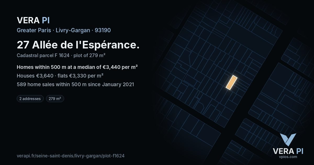 27 Allée de l'Espérance, Livry-Gargan at night – the plot lit, the parcels around coloured by the prices near them