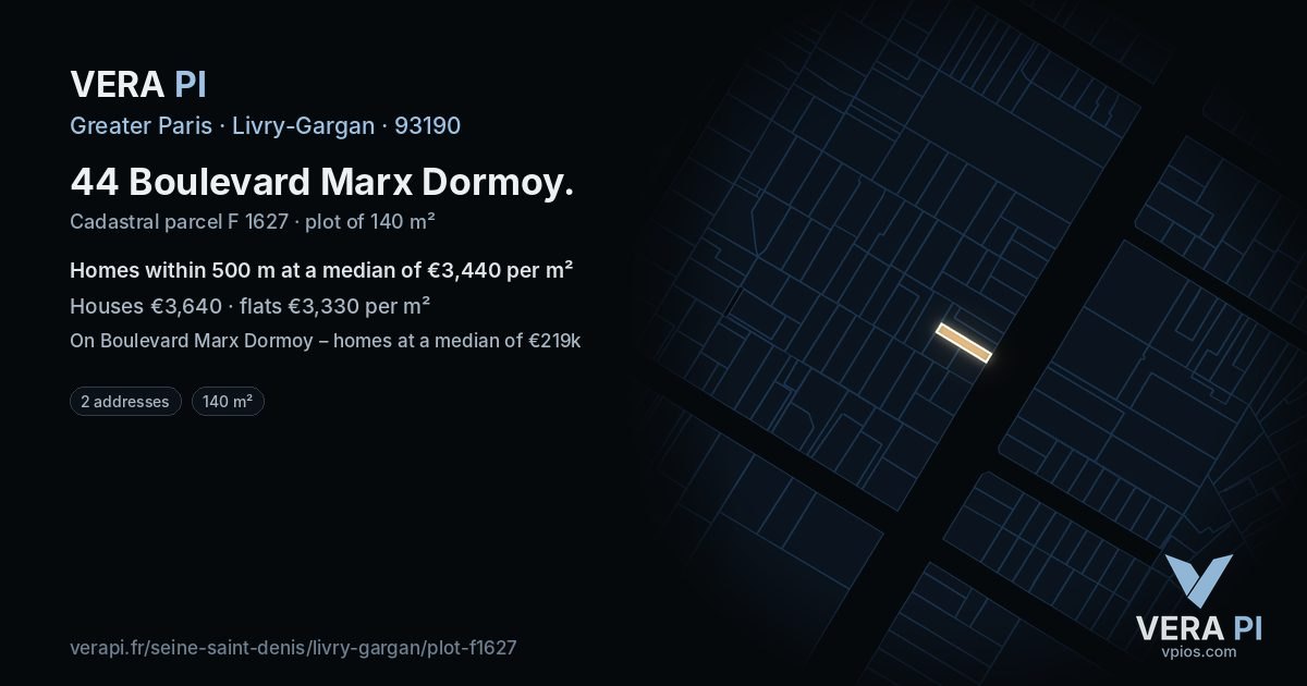 44 Boulevard Marx Dormoy, Livry-Gargan at night – the plot lit, the parcels around coloured by the prices near them