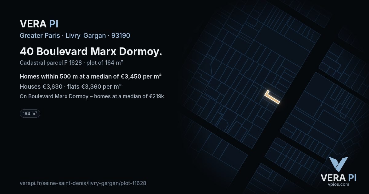 40 Boulevard Marx Dormoy, Livry-Gargan at night – the plot lit, the parcels around coloured by the prices near them