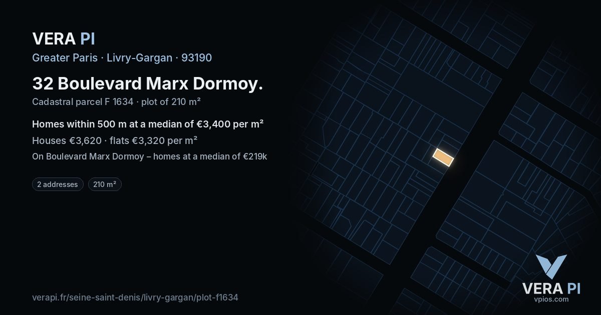 32 Boulevard Marx Dormoy, Livry-Gargan at night – the plot lit, the parcels around coloured by the prices near them