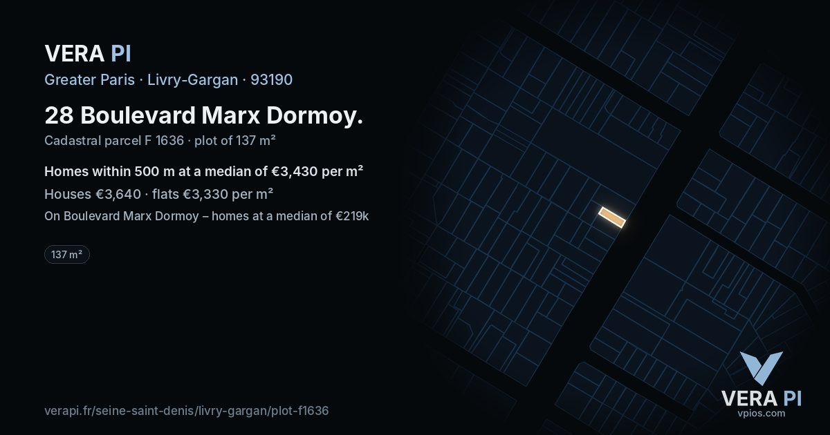 28 Boulevard Marx Dormoy, Livry-Gargan at night – the plot lit, the parcels around coloured by the prices near them