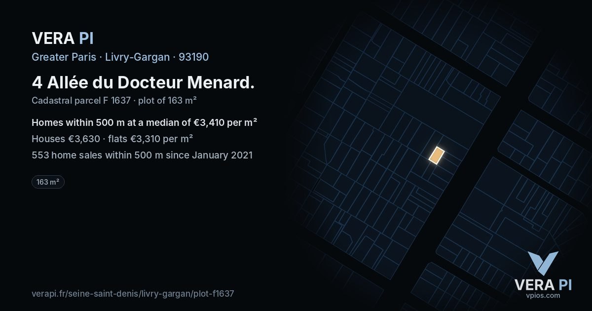 4 Allée du Docteur Menard, Livry-Gargan at night – the plot lit, the parcels around coloured by the prices near them