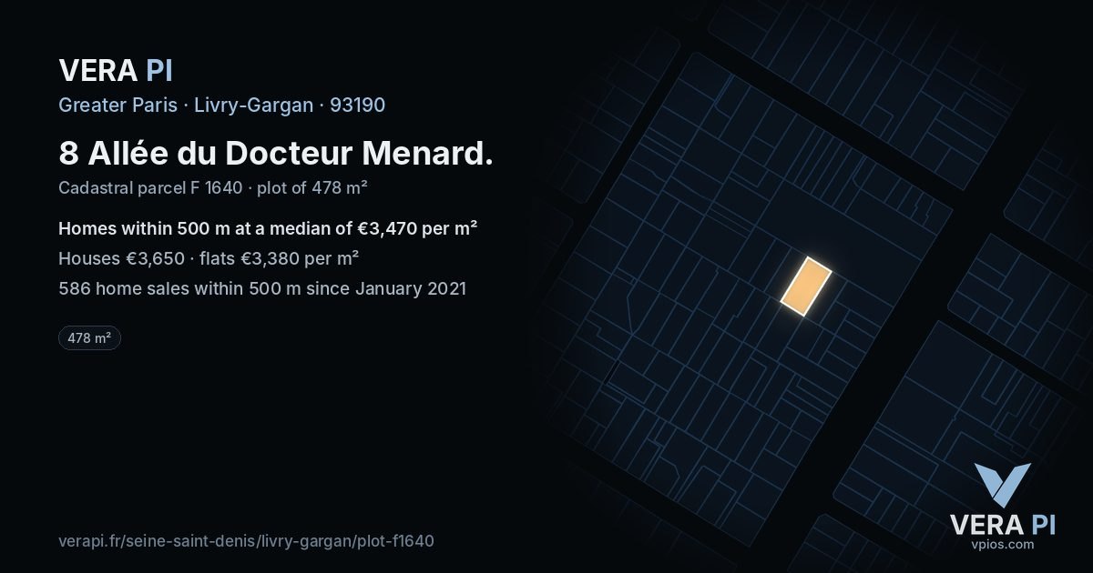 8 Allée du Docteur Menard, Livry-Gargan at night – the plot lit, the parcels around coloured by the prices near them
