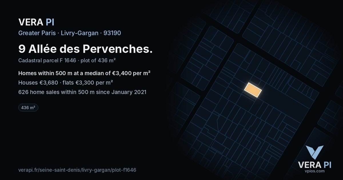 9 Allée des Pervenches, Livry-Gargan at night – the plot lit, the parcels around coloured by the prices near them