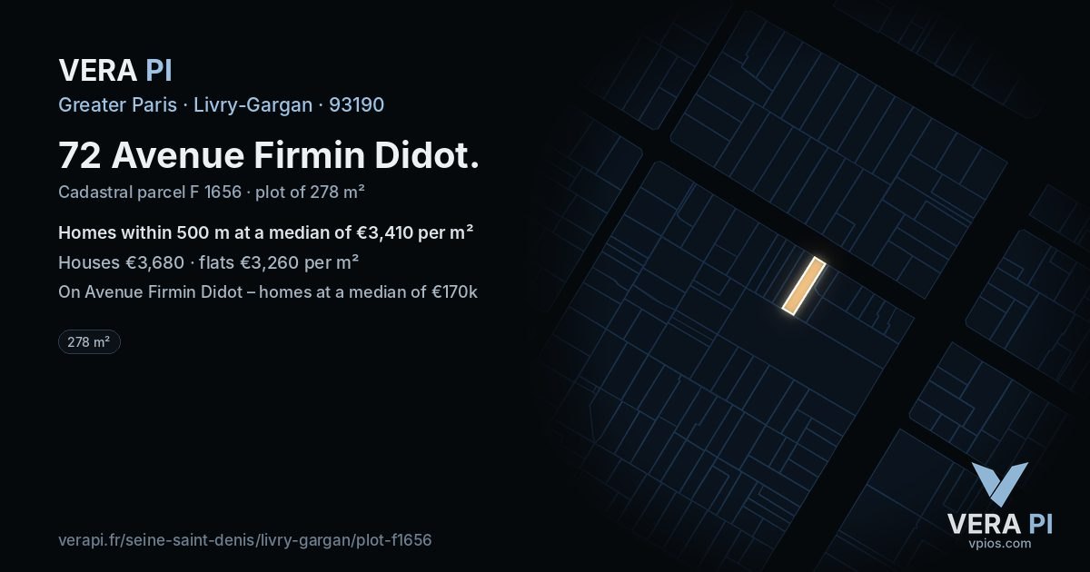72 Avenue Firmin Didot, Livry-Gargan at night – the plot lit, the parcels around coloured by the prices near them