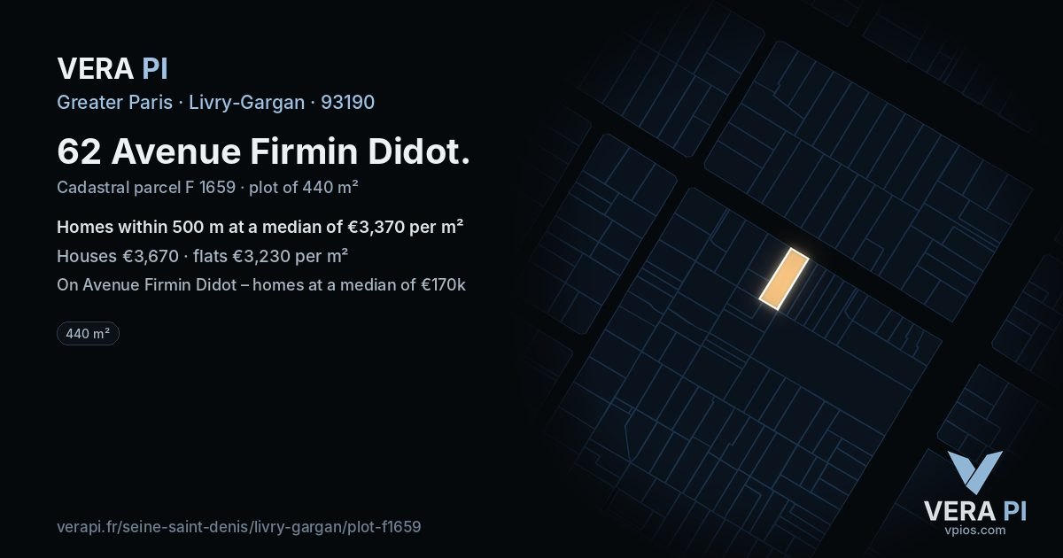62 Avenue Firmin Didot, Livry-Gargan at night – the plot lit, the parcels around coloured by the prices near them