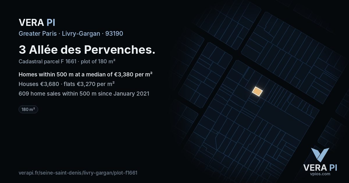 3 Allée des Pervenches, Livry-Gargan at night – the plot lit, the parcels around coloured by the prices near them