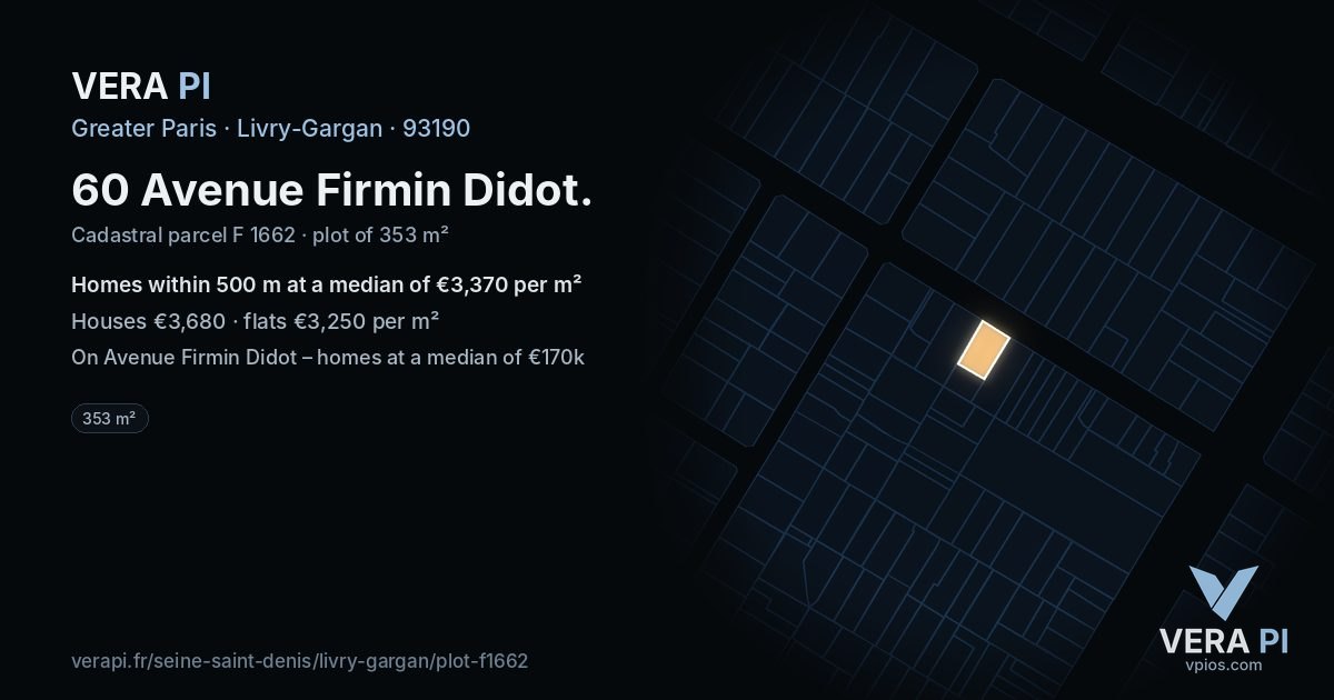 60 Avenue Firmin Didot, Livry-Gargan at night – the plot lit, the parcels around coloured by the prices near them