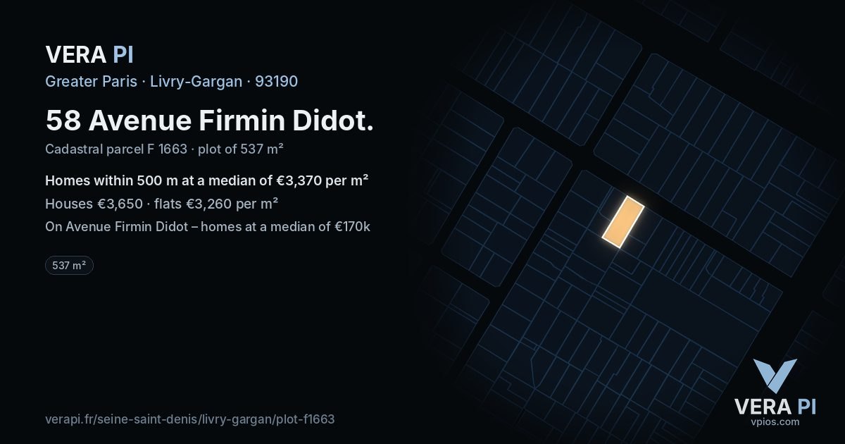58 Avenue Firmin Didot, Livry-Gargan at night – the plot lit, the parcels around coloured by the prices near them