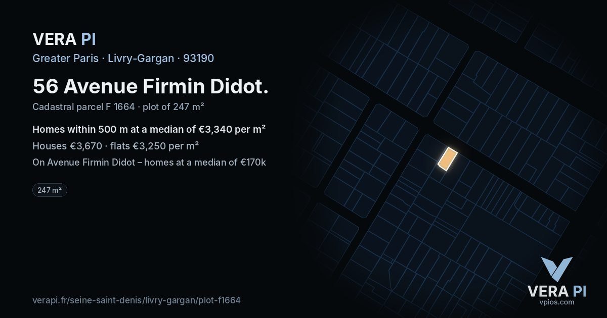 56 Avenue Firmin Didot, Livry-Gargan at night – the plot lit, the parcels around coloured by the prices near them