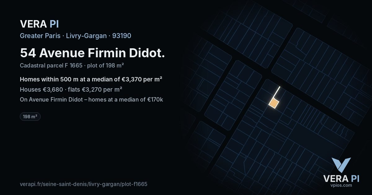 54 Avenue Firmin Didot, Livry-Gargan at night – the plot lit, the parcels around coloured by the prices near them
