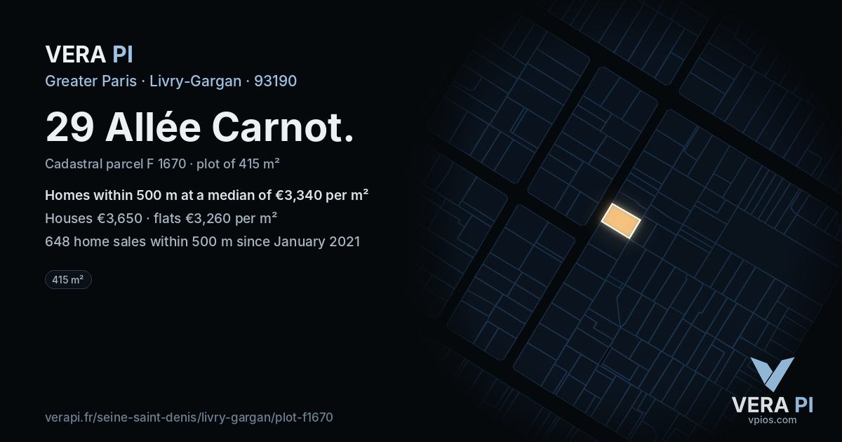 29 Allée Carnot, Livry-Gargan at night – the plot lit, the parcels around coloured by the prices near them