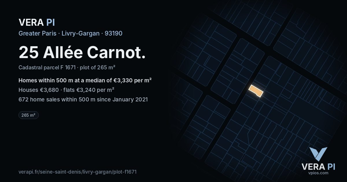 25 Allée Carnot, Livry-Gargan at night – the plot lit, the parcels around coloured by the prices near them