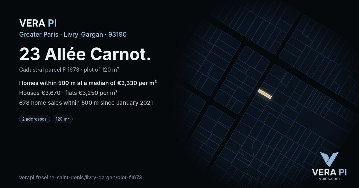 23 Allée Carnot, Livry-Gargan at night – the plot lit, the parcels around coloured by the prices near them