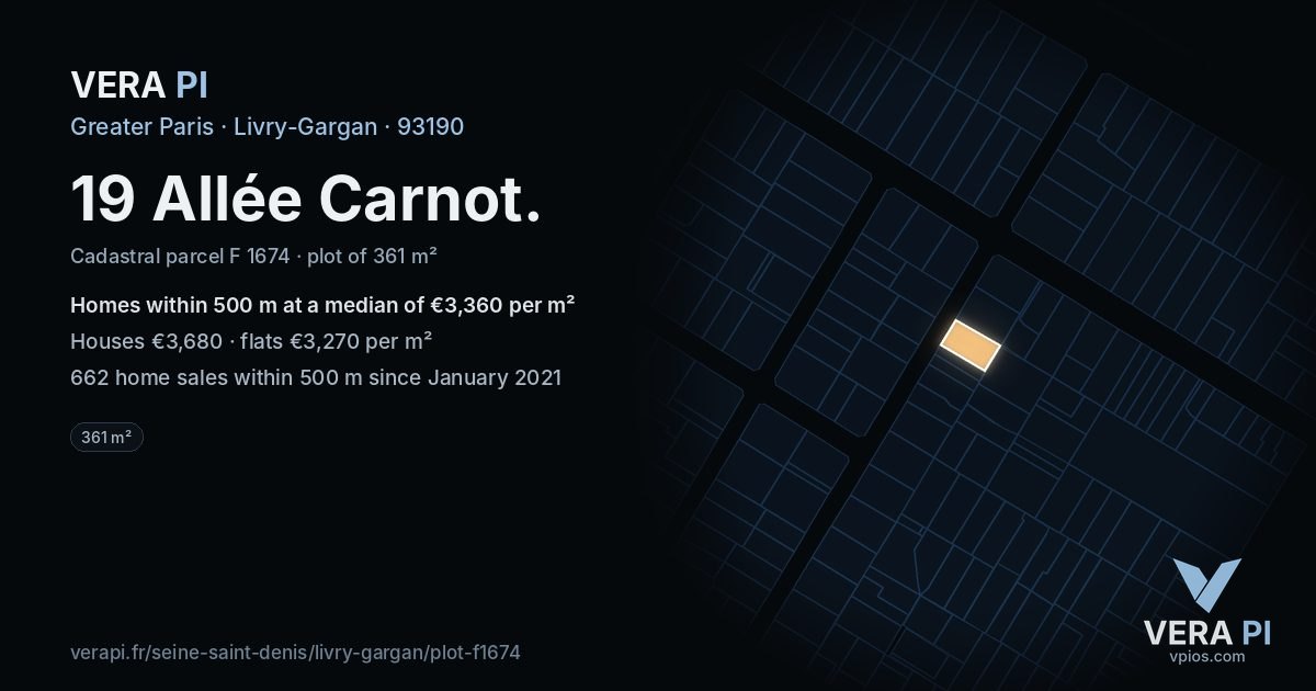 19 Allée Carnot, Livry-Gargan at night – the plot lit, the parcels around coloured by the prices near them
