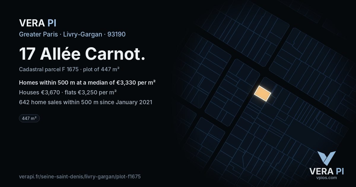17 Allée Carnot, Livry-Gargan at night – the plot lit, the parcels around coloured by the prices near them