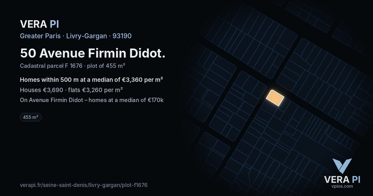 50 Avenue Firmin Didot, Livry-Gargan at night – the plot lit, the parcels around coloured by the prices near them