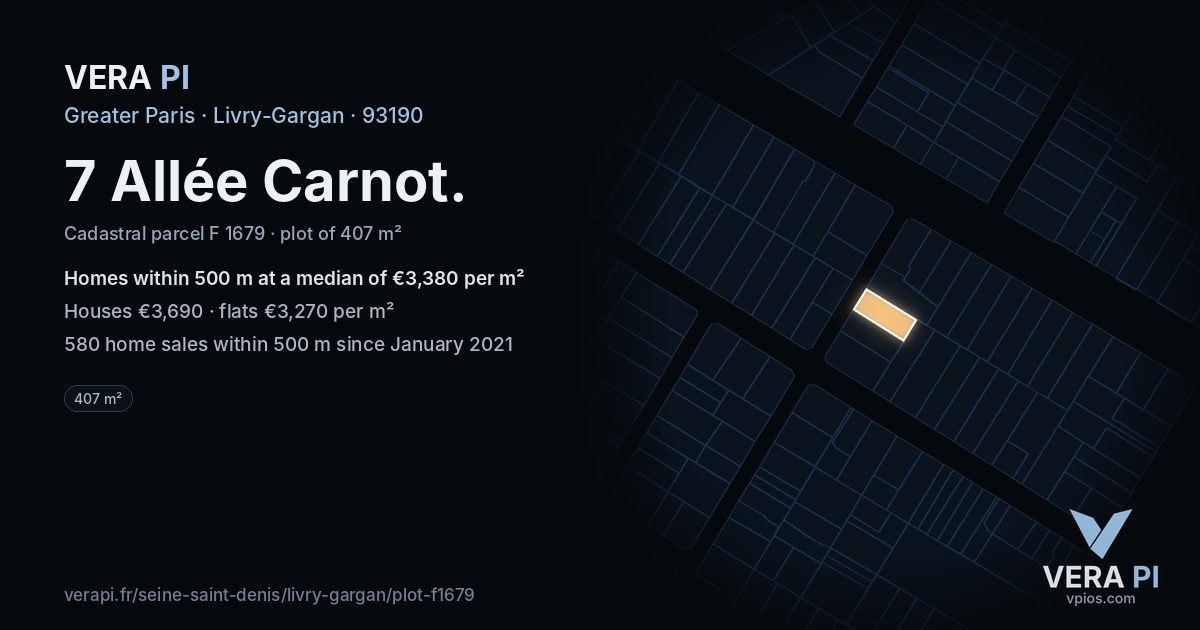 7 Allée Carnot, Livry-Gargan at night – the plot lit, the parcels around coloured by the prices near them